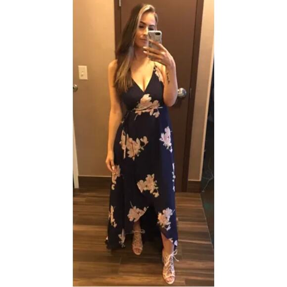 Lulu's Wrap Navy Blue Floral Print Polka Dot Loiselle Maxi Dress Size L - Picture 14 of 17